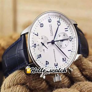 Günstige neue 40 9 mm Stahlgehäuse Miyota Qaurtz Chronogrpah Herrenuhr weißes Zifferblatt blaue Markierung blaues Lederarmband Herrenuhren Hallo Watch2073