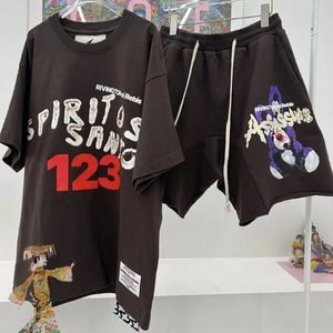 Graffiti Shorts Men's Plus Tees Women Set Drawstring Five Points Sports Short Pants Suit