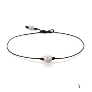 Pendant Necklaces Pearl Single Ctured Freshwater Pearls Necklace Choker For Women Genuine Leather Jewelry Handmade Black 14 Inches D Dhx1J