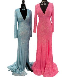 Sparkle Sequins Prom Dress 2k23 Long Sleeves Fitted Plunging V-Neck High Slit Light Sky Blue Hot-Pink Pageant Gown Formal Event Party Wear Gala Black-Tie Open Back