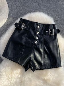 Frauen Shorts PU Leder Frauen Frühling 2023 Koreanische Stil Hohe Taille Einreiher Schwarz Dünne Weibliche Beiläufige Kurze Hosen