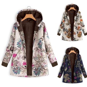 Kvinnors ull blandar mode blommuttryck quiltade rockar kvinna hösten casual hooded coat vinter plus sammet vadderad långärmad topp damvom