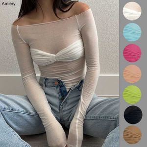 2023 Spring Summer Womens Mesh T Shirt Hollow Out Sexy Light Perspective One Neck T-shirt Crop Tops Tees For Ladies Outfits