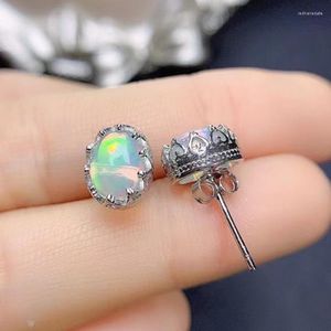 Studörhängen 6 8mm Opal Earring for Women Anniversary Gift Real 925 Sterling Silver Colorful Natural Gemstone Fine Jewelry Crown Vintage