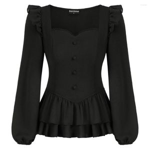 Blouses femininas SD Mulheres agitadas de dupla camada peplum tampa de bainha de primavera de manga longa Pescoço de coração preto Branco ROPA MUJER