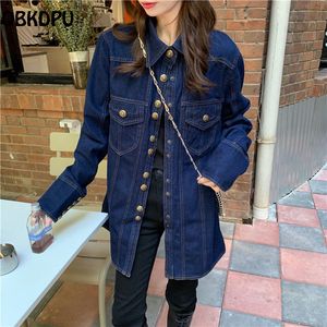 Women's Blouses Shirts Chic Design Denim Blouses Women High Street Dark Blue Mid Length Jean Blusas Mujer Single-Breasted Slim Vintage Shirts 230308