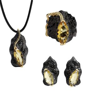 Orecchini Collana Gioielli Set di tre pezzi per donna Creativo Zircone giallo Anello Orecchini Citrino Citrino 925 Oro nero italiano 230307