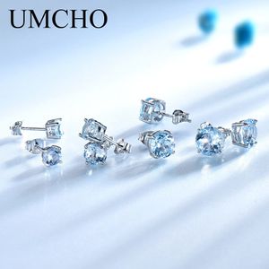 Stud UMCHO Real 925 Sterling Silver Jewelry Creato Russian Sky Blue Topaz Orecchini Anniversario elegante per le donne Regali di compleanno 230307