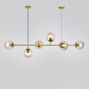 Chandeliers Nordic Long Golden Glass Chandelier Art Strip Pendant Lamp Dining Room Model Ball Metal Rod Suspension Lighting E27