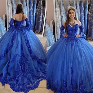 Princess Blue Quinceanera Dress Sweet 15 Dress 2023 Sparkle Sequin Tulle Shiny Prom Dresses With Sleeve Mexican Vestido de XV Anos Robe de Bal Sweet 16 Birthday Party