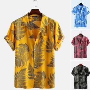 Men's Casual Shirts Men's Shirt Short Sleeve Yellow Slim Retro Tooling Printing England Style Spring Autumn Social Formal Man Clothing