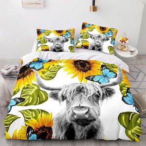 Bedding Sets 3D Impresso Highland Cattle Conjunto de edredão Blossom de ameixa e fronha para crianças adultos adultos presenteando borboleta de girassol