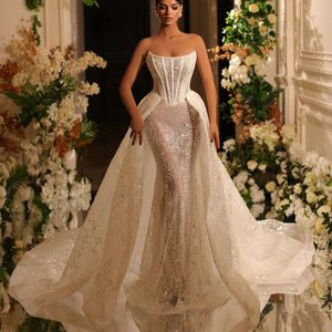 Lüks Denizkızı Gelinlik Uzun Kolsuz Dantel Bileau Boncuklu İnciler Sapıklar Çıkarılabilir Tren Hollow Brinidal Gowns Plus Boyut Vestido De Novia Custom