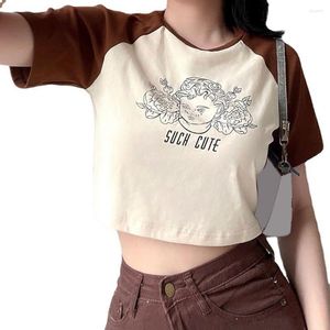 Kvinnor Bluses Lady Summer T-shirt Sexig O Neck Crop Top Soft Women