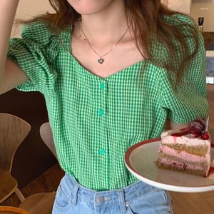 Women's Blouses Korean Chic Summer Western Style Slimming Square Collar Contrast Color Plaid Single-Breasted Loose Puff Sleeve Shirt Top