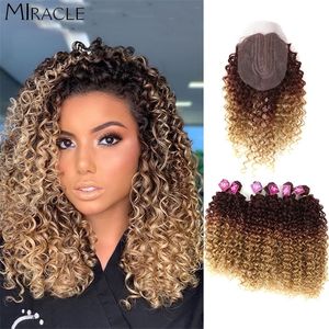 Hair Bulks Afro Kinky Curly Hair Extensions Ombre Blonde 16-20Inch Synthetic Hair Bundles With Closure Weave Hair High Temperature Fiber 230308