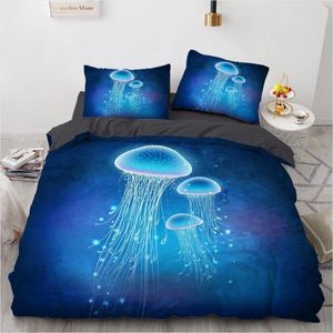 Bettwäsche-Sets 3D Shinning Blue Jellyfish Bettbezug-Set Schwarz Bettbezüge Full Twin King Size 140x210cm Heimtextilien für Kinder