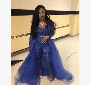 Classic Jumpsuits Long Sleeves Prom Dresses With Detachable Train Lace Appliqued Evening Gowns Luxury African Party Women's Pant Suits