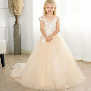 Girl Dresses Sparkly Champagne Lace Flower Dress With Train Kids Belts Wedding Bridesmaid Pageant Ball Gown Girls Birthday Outfits