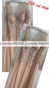 2023 Arabic Evening Dresses Beaded Crystals Blush Pink V Neck Illusion Long Sleeves Chifffon Prom Dress Side Split Formal Party Gowns Real Image Backless
