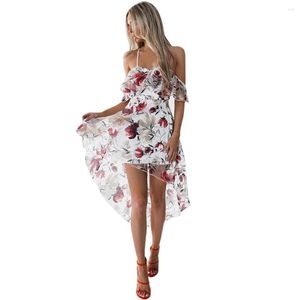 Casual Dresses Womens Off Shoulder Backless Summer Bohemia Floral Print Spaghetti Strap Sundress Sexy Asymmetrical Square Collar Robes