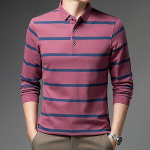 Men's Polos Ymwmhu 100% Cotton Polo Shirt Men Striped Solid Autumn Clothing Long Sleeve Casual Polo Shirt Korean Man's Shirts Fashion Tops 230308