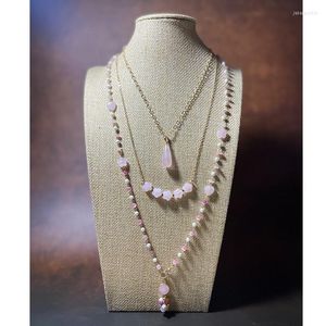 Pendant Necklaces 4Unik Rose Quartz Plated Gold Chain Necklace Set Smile Star Long Elegant Jewelry Wholesale Drop