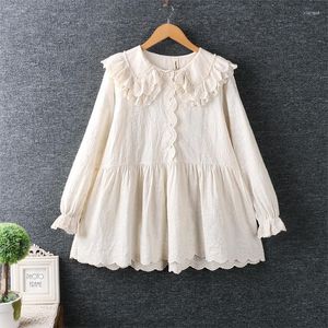 Women's Blouses Spring Women's Lace Layer Doll Collar Shirt Tops Mori Girl Sweet Embroidered Floral Cotton Linen Loose Lolita Kawaii