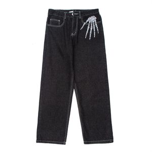 Jeans masculinos Esqueleto de rua escuro Bordado bordado punk homens negros calças de jeans Hip Hop