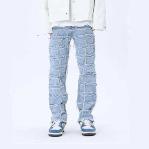 Jeans masculinos Novos retalhos de moda de moda lavados homens salgados jeans calças y2k roupas de rua punk punk hip straight jeans calças de jeans pantalones z0301