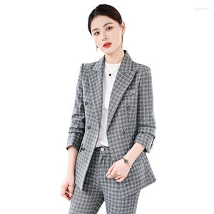 Women's Two Piece Pants Casual Plaid Fashion Suit Women's Korean Long-sleeved Temperament Professional Two-piece Set Ensemble Femme 2