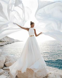 Sexy A-Line Wedding Dress With Train Vestido Longo White Halter Backless High Slit Bridal Gown Summer Beach 2023 Robe De Mariee