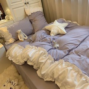 寝具セット韓国プリンセス風の紫色の寮の寝具セットカワイイベッドシート布団カバー3/4ピースホームデコレーションウォッシュコットン5色230308