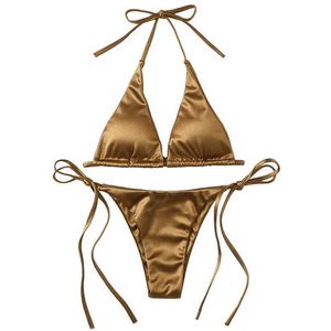 Kvinnors badkläder Sexig kvinnors metalliska halter Topp tvåstycken baddräkt slips sida triangel bikini sommar solid baddräkt strandkläder bikini set t230307