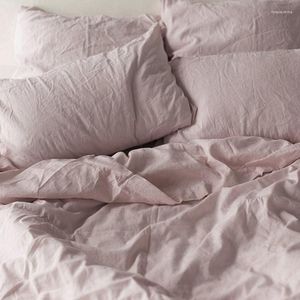 Defina a cama de roupa de cama pura de linho puro duplo duplo em tamanho grande de pele de linho macio de tecido rosa conjunto de edredon para El Housed Housed