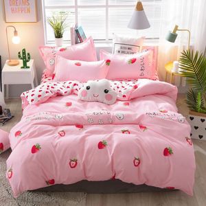 Bedding sets Pink Strawberry Cute Bedding Set King Queen Size Bed Sheets Children Soft Comforter Cover Polyester Students Dormitory Sets 230308