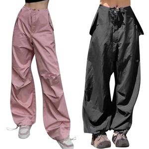 Calças cargo cintura alta com cordão e cintura alta, calças casuais femininas de verão, calças 2k tendência com vários bolsos