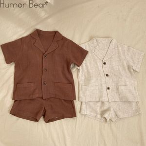 Clothing Sets Humor Bear Kids Clothes Summer Lapel Collar Cotton Linen T shirt Pants 2Pcs Cute Toddler 230307