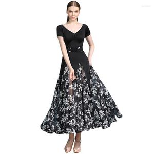 Scen Wear Chiffon Floral V-hals Ballroom Dance Dress Modern Flamenco Waltz Standard Practice Competition Costume