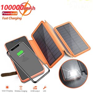 Fällbar Solar Power Bank Trådlös 100000mAh Vattentät Utomhus Externt Batteripaket Nödsolpanelladdare för telefon