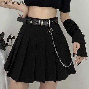 Skirts Black Pleated Skirt With Chain-Belt Punk Rock Girl Cheerleading Belted Mini Skirt Alt Women e-girl Outfit W0308