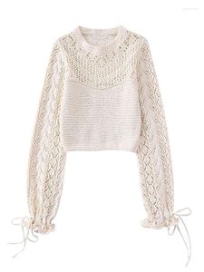 Kadınlar için Kadın Sweaters 2023 Vintage Pointelle Örme Külot Kazak Uzun Kollu Üst Kırpılmış Yuvarlak Boyun Jumper Pulloverswomen Depe22