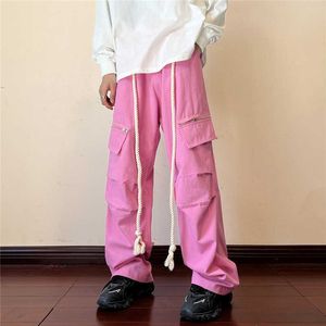 Men's Pants 2023 Harajuku American Men's Cargo Pants Big Pocket Pink Drawstring Straight Baggy Wideleg Casual Trousers Male Sweatpants Z0306