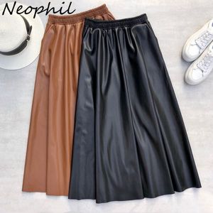 Skirts Neophil 80cm Women Leather Long Skirts Pockets Winter Elastic Waist A-Line Flare Skirt Brand Thick Latex Falda Larga S21864 230308