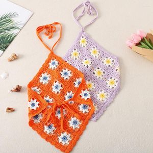 Women's Tanks Women Vintage French Crochet Daisy Floral Camisole Hollow Out Knit Mesh Halter Crop Top Sexy Backless Beach Mini Vest