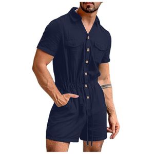 Men's Shorts Summer Loose Rompers Cotton Half Sleeve Button Pants Vintage Casual Solid Cargo Overalls Jumpsuit Trousers 230308