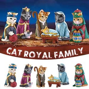 Decorative Objects Figurines Funny Cat Royal Family Resin Crafts Ornaments Christmas Nativity Miniatures Christian Holiday Creative Gift Decoration 230307