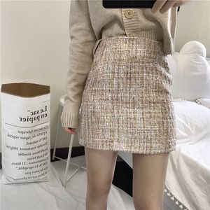 Spódnice koreańskie kratę tweed spódnice kobiety vintage biuro dama ołówek spódnica bodycorn elegancki szczupły wełniane spódnice francuski styl 230308