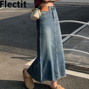 Skirts Flectit Vintage Long Denim Skirt For Women Back Slit Straight-fit Washed Blue Jean Maxi Skirt Retro Outfit 230308
