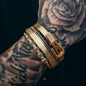 Strand Luxury Men CZ Bead Bracelet Set Bracciale in acciaio inossidabile con cinturino romano regolabile per